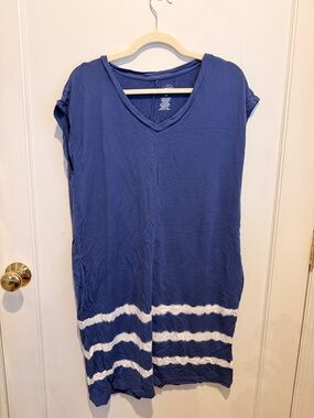 St. John's Bay Navy Blue Midi Dress with White Stripe Tie-Dye Hem